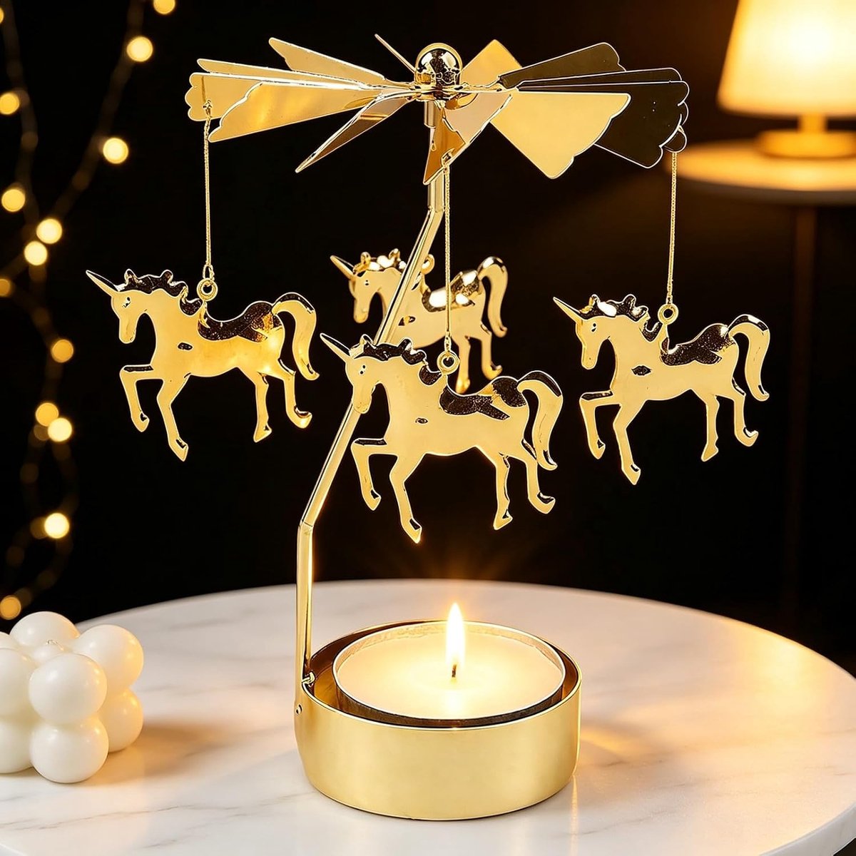 Theelicht carrousel eenhoorn theelicht piramide gelukswindmolen kerstcarrousel 8 x 13 cm theelichtstandaard goud voor feestdagen, Kerstmis, bruiloften, feesten en als decoratie voor thuis