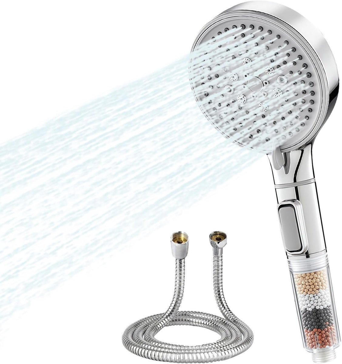 Douchekop met filter, hogedruk handdouche met 1,5 m slang, waterbesparend met 5 straalsoorten, geschikt voor hard water, vermindert kalk, micro-organismen en zware metalen