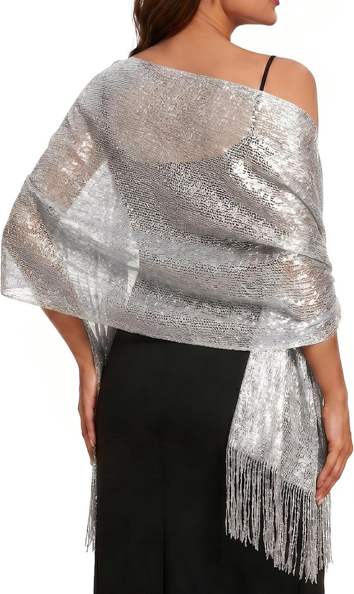 Sjaals en omslagdoeken voor avondjurken, sjaalwraps met Zilveren Gesp voor avondfeestjurken en bruiloftsfeest, B. Zilver/Zilver