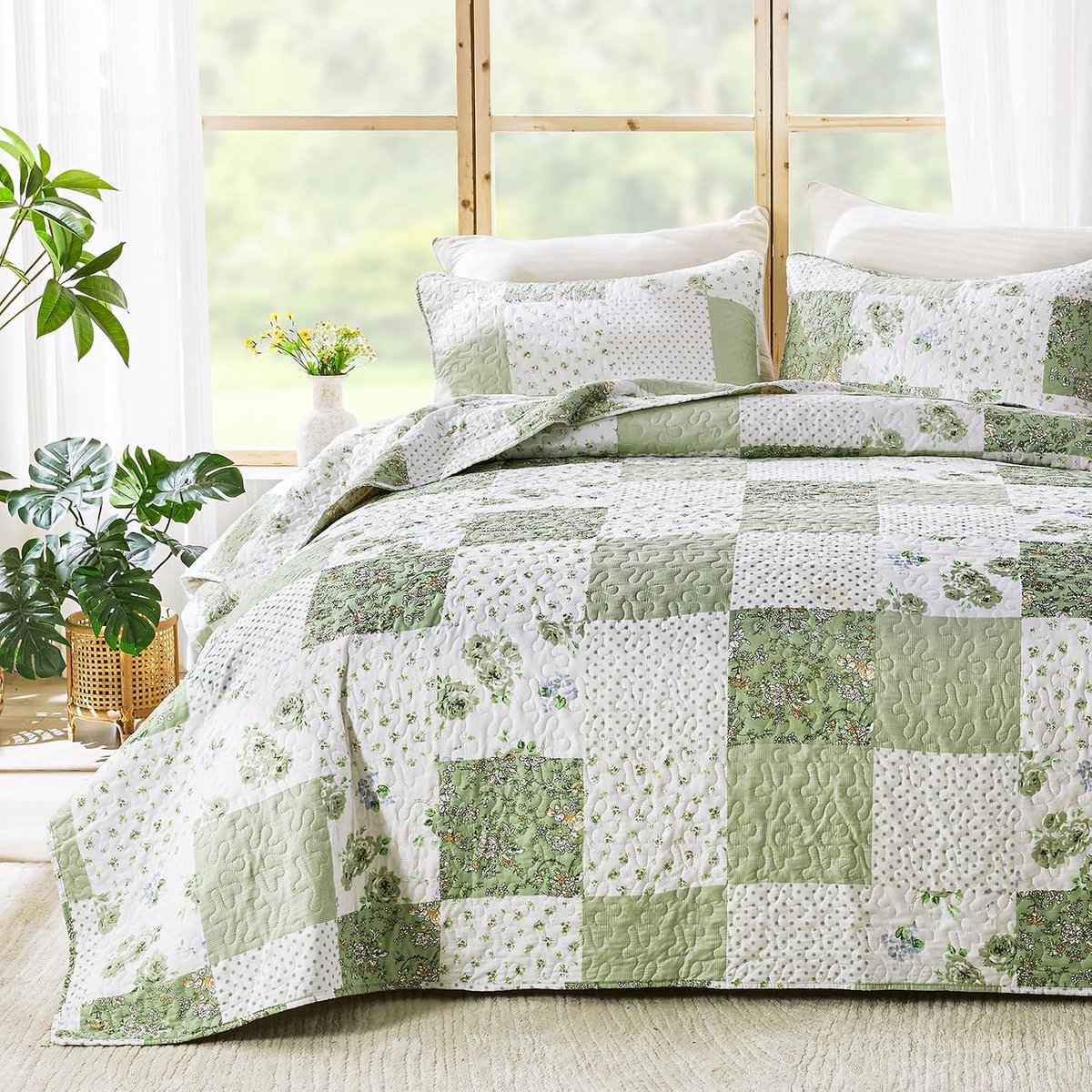 Sprei voor tweepersoonsbed, licht dekbed, bankdeken, patchwork-bloemenpatroon (groen, 220 x 240 cm + 50 x 75 cm x 2)