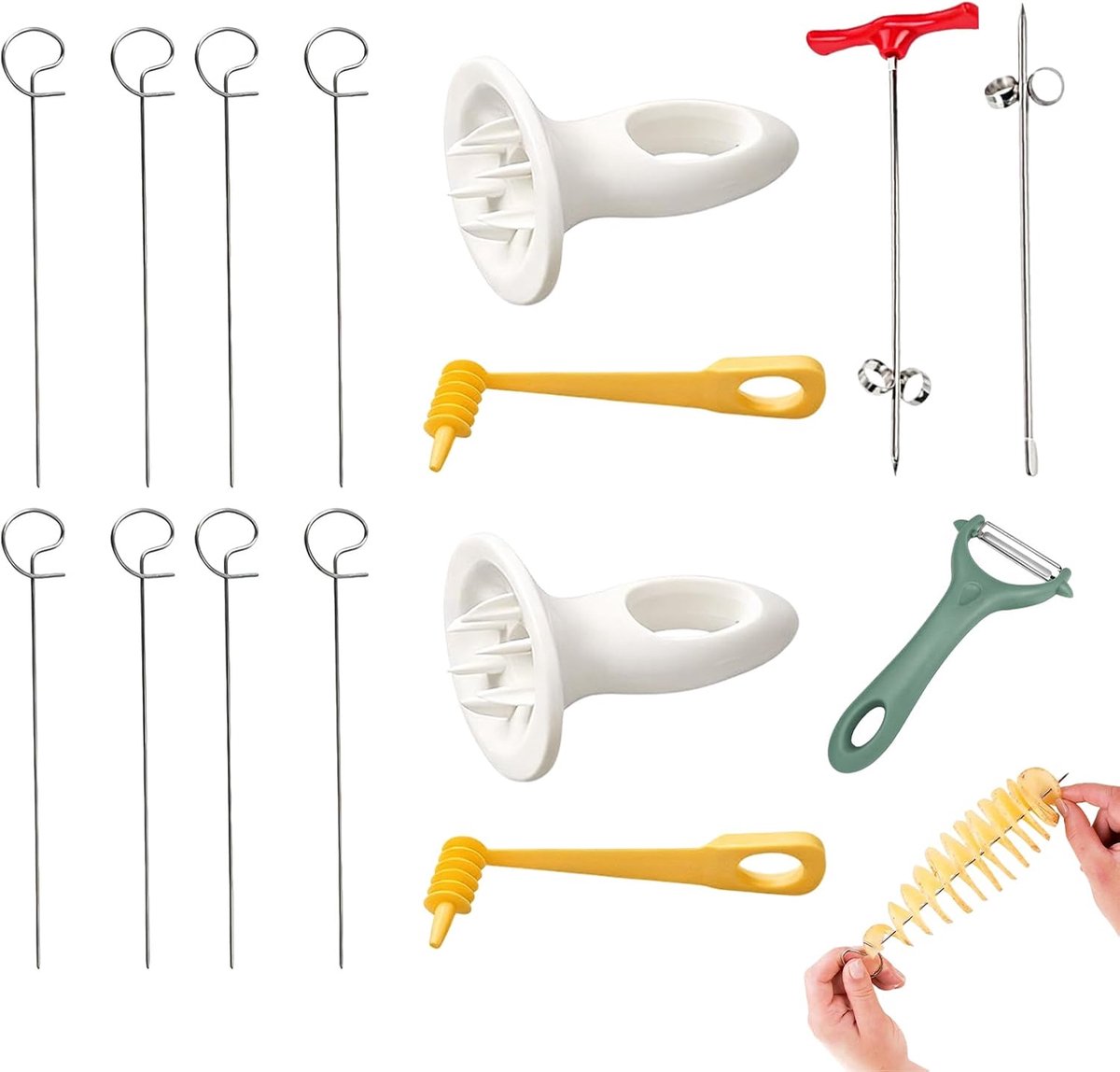 14 stuks spiraalsnijders voor aardappelen, spiraalsnijder van roestvrij staal, draagbaar, voor groenten, komkommers, courgettes, aardappelen, wortelen