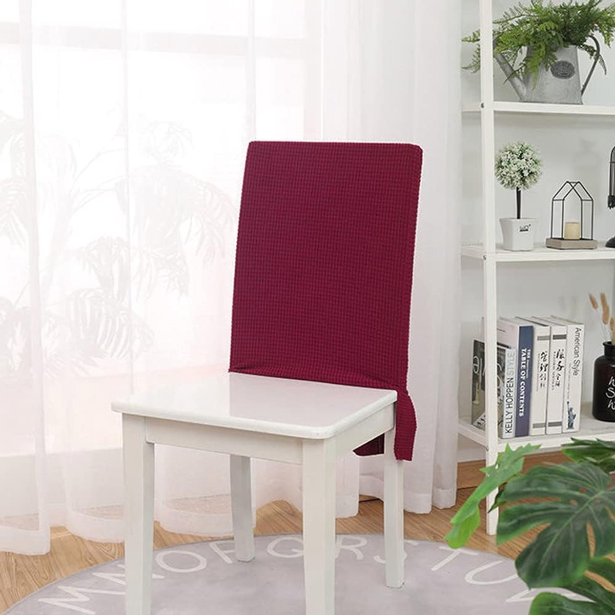 Stoelhoezen, set van 6 stretch stoelrugafdekking jacquard rugleuninghoes met rok stretch verwijderbare wasbare universele stoelhoezen rugleuning voor eetkamer hotel (wijnrood)