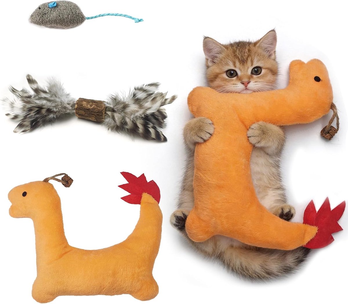 3 stuks kattengrasspeelgoed, pluche Mickey Mouse voor katten, interactief speelgoed met kattengrasstaaf met veer, kattenspeelgoed om te spelen, bijten, kauwen