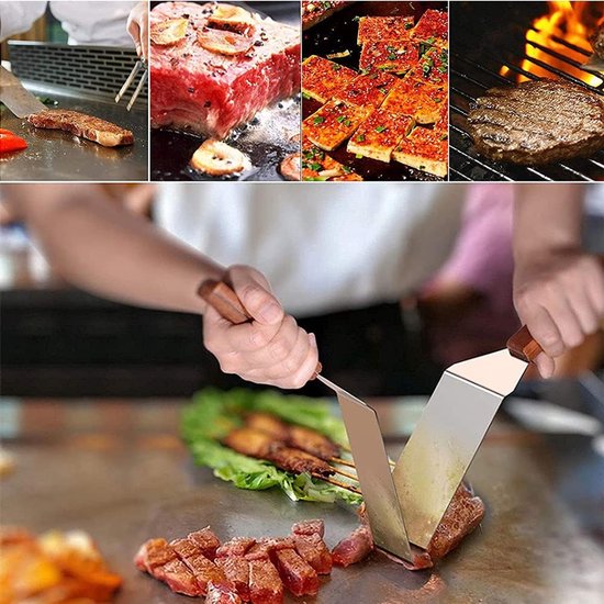 Spatelset, 3 stuks, roestvrij staal, metaal, anti-roest, houten handvat, voor barbecue, keuken, buiten, koken, teppanyaki, 3 stuks — afbeelding 5