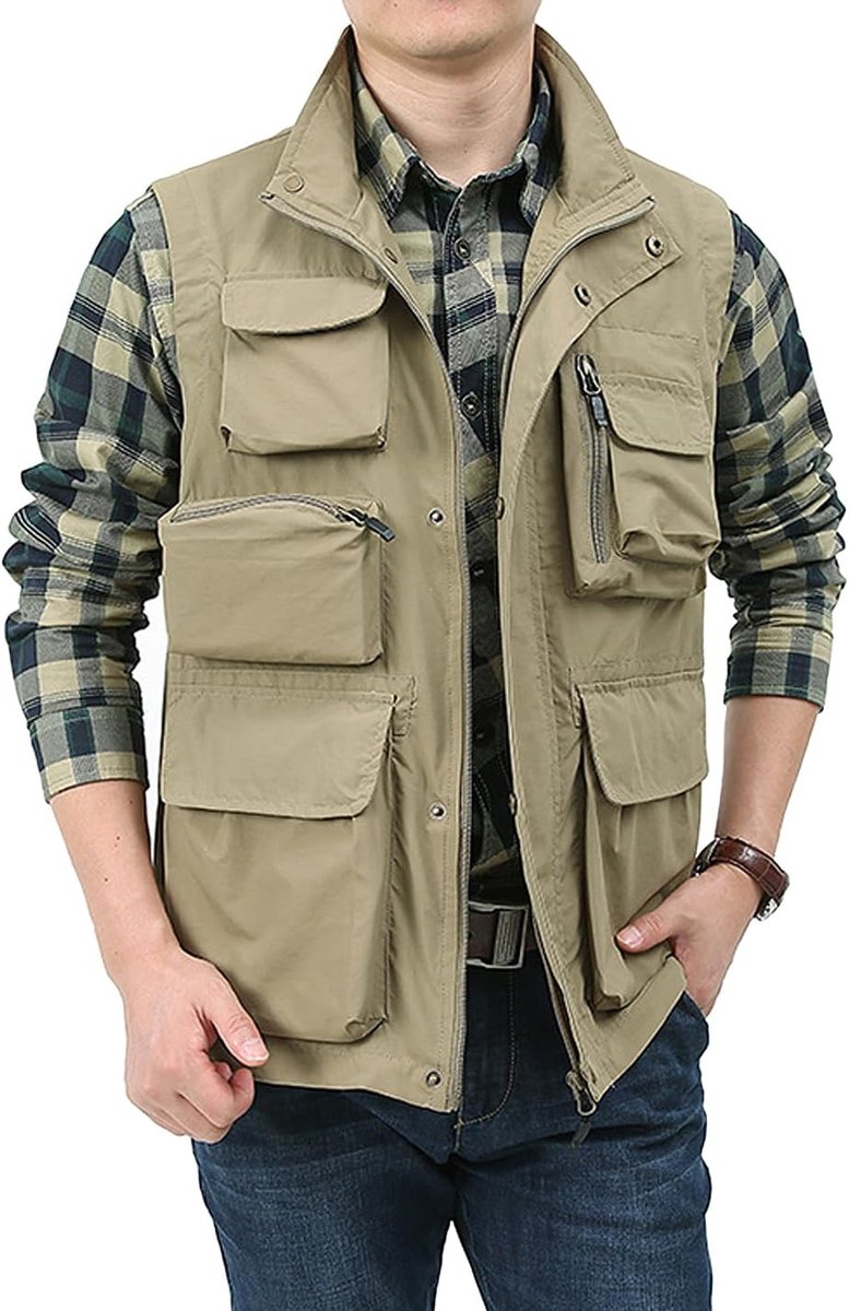 Lichtgewicht outdoorvest voor heren, safari-gilet cargo schieten, reisvest met zakken