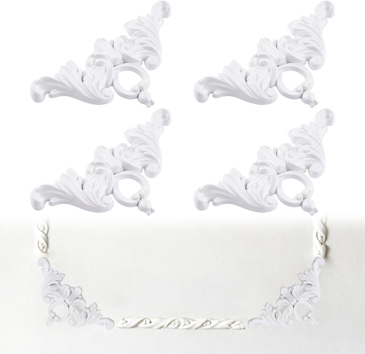 12cm PVC Hoekwandlijst in Franse Stijl, Medaillon en Wainscoting Accentpaneel voor Plafond, Kastdeuren en Meubels (4 Stuks, Rozenstijl)