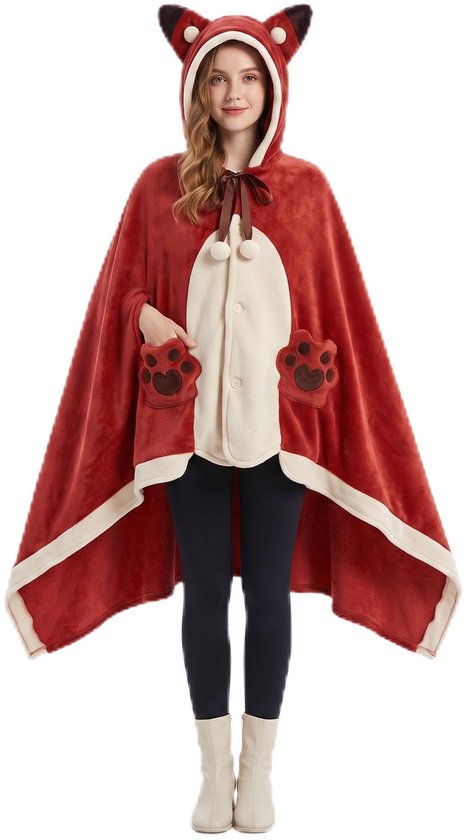 Casalora® Halloween-hoodie-deken –Cape-deken in vos-stijl – Herfst/winter-badjas met capuchon – Warm & knus – Loungewear-mantel/poncho voor thuis – Rood