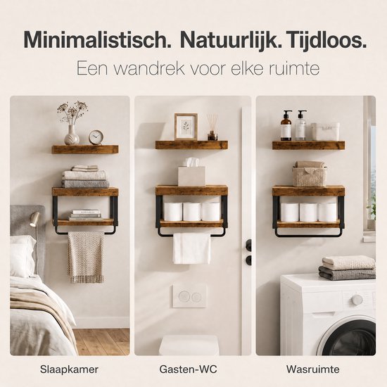 Drie verschillende opstellingen van houten wandplanken in een slaapkamer, gastenkamer en wasruimte.
