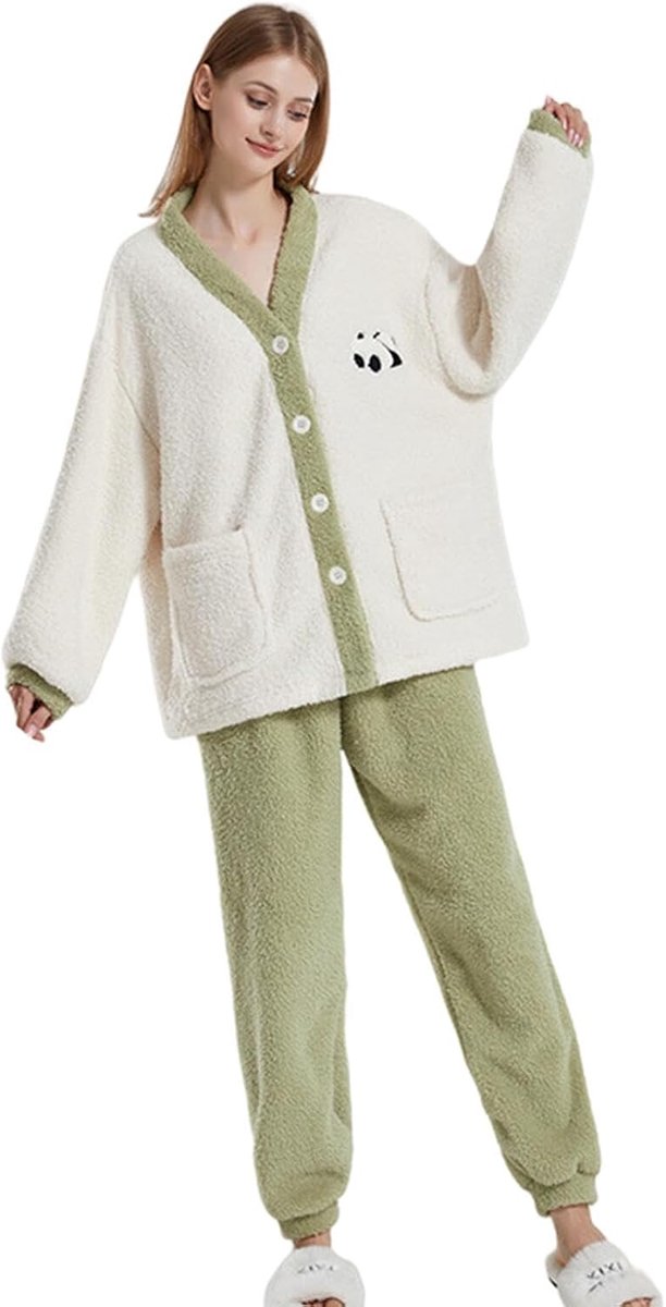 Winter Pajamas Winter Warm V-Neck Button-Up Pajamas,Cute Panda Pajama Set,Unisex Loungewear-A-L
