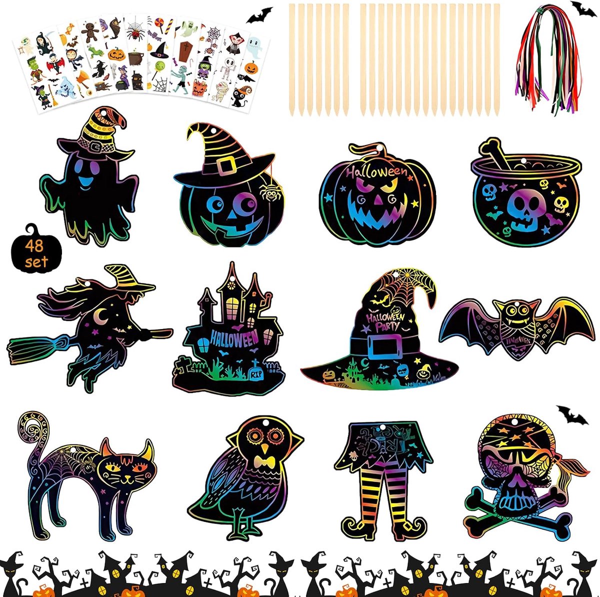 Krasafbeeldingen, 48 stuks Halloween krasafbeeldingen knutselset met 10 stickers, Halloween-hanger, krasafbeeldingen pompoen, vleermuis, geest, schedel, uil, feest, cadeautje om te