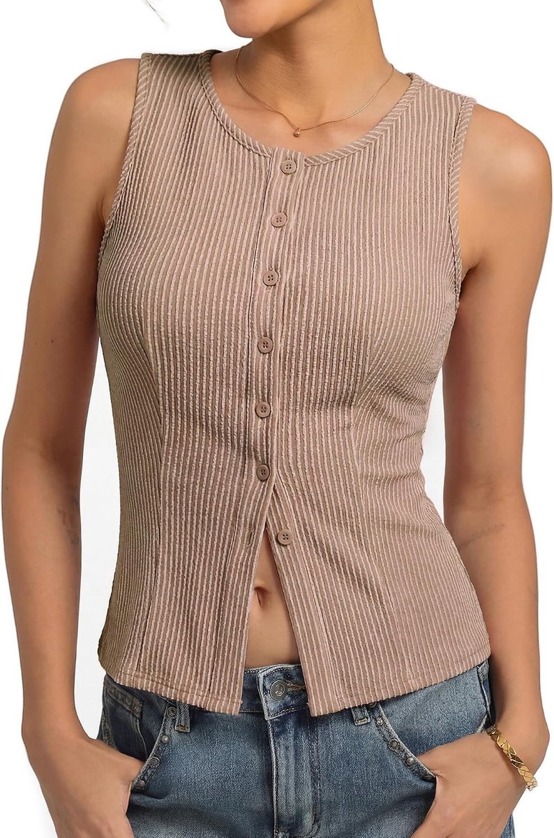 Kasin Dames zomer mouwloze ronde hals tops sexy slim fit Y2K vest casual button up uitgaan blouses