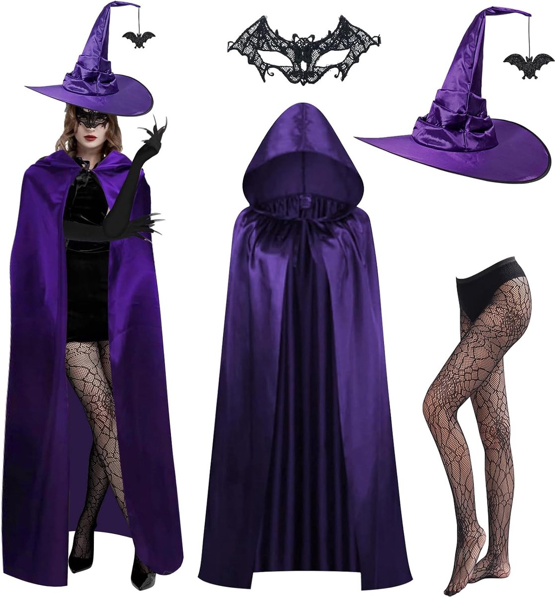 Heksenkostuum voor dames, Halloween-kostuum, heksencape, vampiercape, heksenhoed voor Halloween, cosplay, carnaval, maskerade