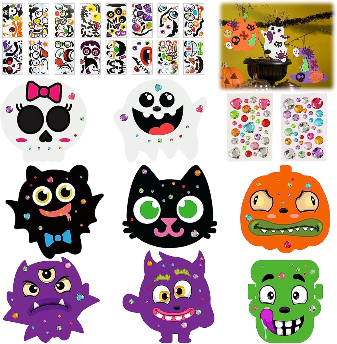 Knutselen voor kinderen, schuimpompoenvormen, Halloween stickers, gezichtsstickers, strass-steentjes, doe-het-zelf knutselsets voor kinderen, Halloween pompoen
