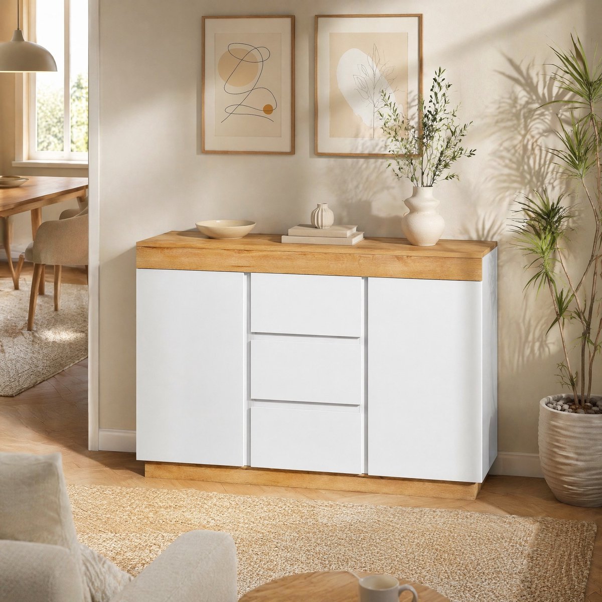 MEUNIQ Dressoir 120,5 x 40,2 x 82,5 cm met 3 lades en 2 deuren, opbergkast voor slaapkamer en woonkamer, wit en eiken