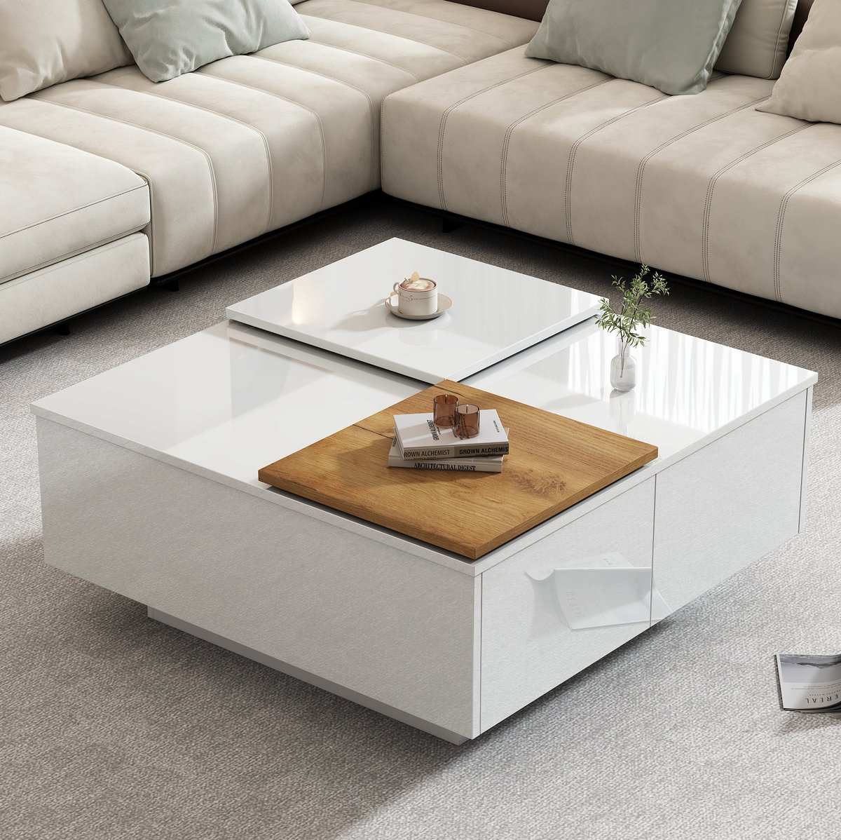 MEUNIQ vierkante salontafel 75 x 75 x 33,5 cm met 4 verborgen lades, verschuifbare tafelbladen en wit hoogglans blad voor de woonkamer