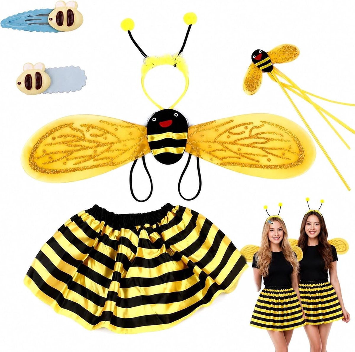 Bijen Kostuum voor Kinderen 3-12 Jaar - Verkleedset met Rok, Vleugels, Toverstaf en Haarband - Geel Zwart Outfit voor Feestjes, Carnaval en Halloween