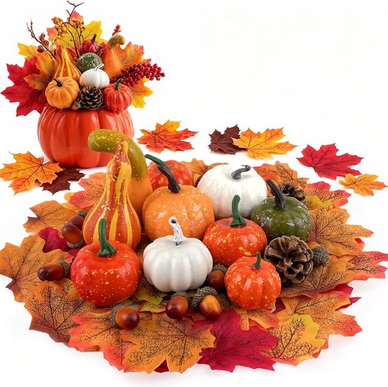 50 stuks — Herfstdecoratie van pompoenen en kalebassen — Kunst-minipompoenen — Inclusief decoratieve bladeren — Geschikt voor tafel- en manddecoraties — 11,43 x 5,33 cm — Ideaal voor Thanksgiving en herfstinterieur — Herfstkleurenpalet