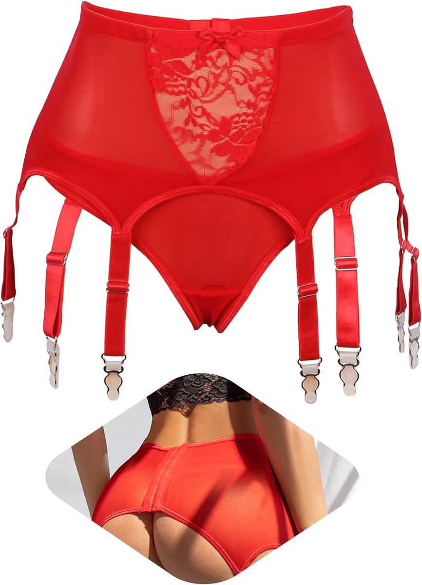 Maat Jarretellehouder voor dames, sexy, set S-2XL, met string, kousenhouder, kant, 6 banden, hoge taille, taillebandset, vintage, met walvissen, sexy outfit, chic