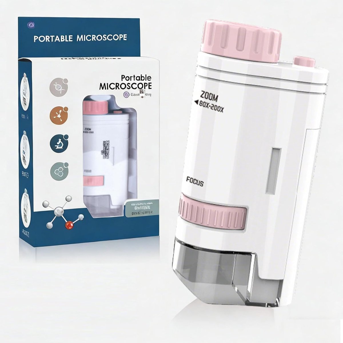 Draagbare microscoop voor kinderen, 200 x, zakmicroscoop met ledverlichting, experimenteel speelgoed en educatief cadeau voor kinderen en volwassenen (D)
