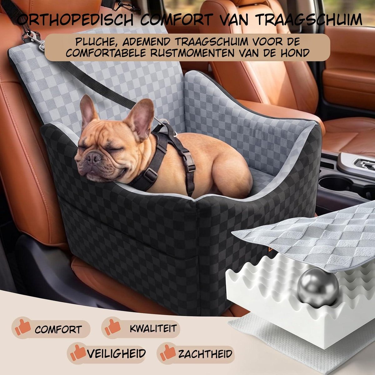 Kavora Hondenmand Auto - Voor Kleine en Middelgrote Honden - Autostoel Hond - Hondenmand Auto Achterbank - Zwart - 48cm x 46cm x 47cm