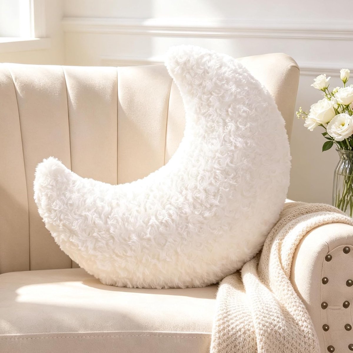 wit maanvormig kussen, knuffelkussen, schattig sierkussen, esthetisch, pluche maan, gooikussen voor woonkamer, bank, kind, slaapkamer, bed, cadeau, 43 cm