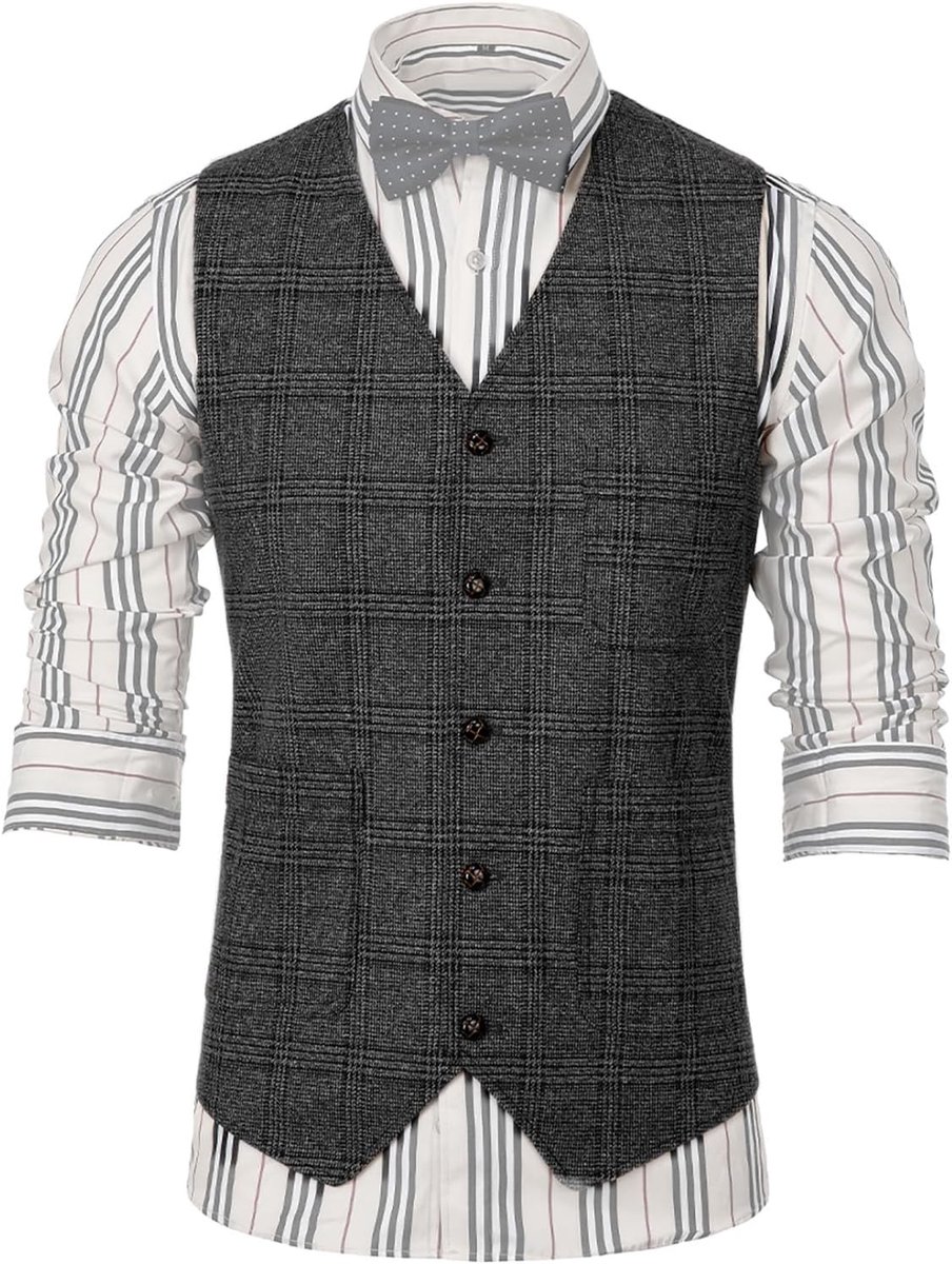 Elegant pak voor heren, geruit, plaid, slim fit, wol, tweed, vest voor bruiloft, zwart, L