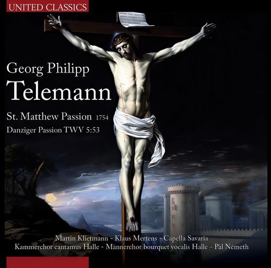Albumhoes met een schilderij van Jezus aan het kruis. Tekst: Georg Philipp Telemann, St. Matthew Passion 1754.