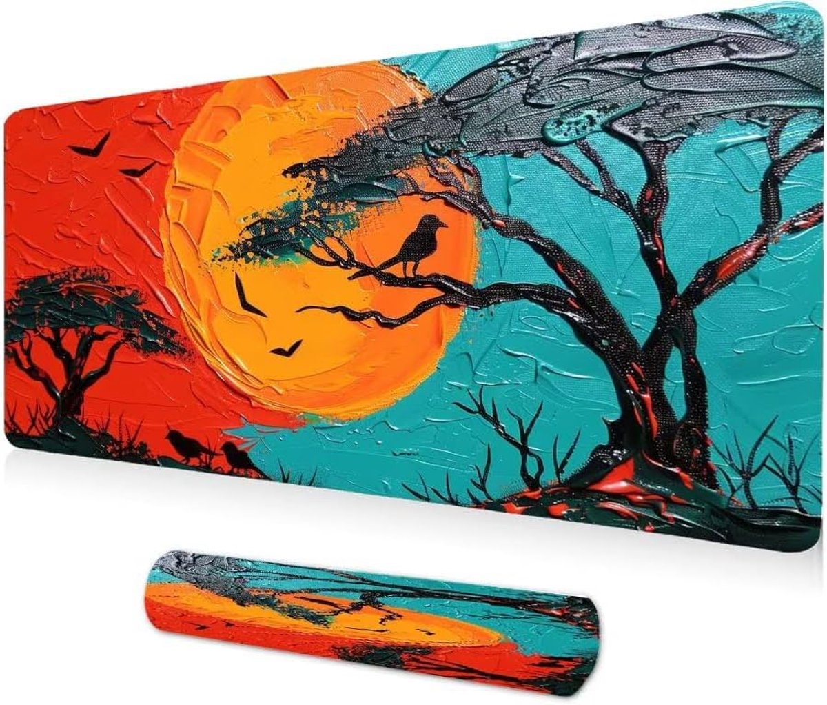 Muismat, XXL, 1000 x 400 x 3 mm, grote muismat, zonsondergang op het bos, muismat met genaaide randen, antislip rubberen basis, voor gamers, versieren geschenken A-329
