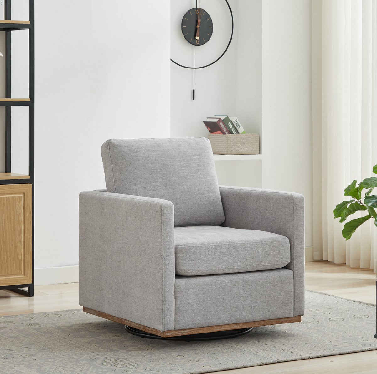 MEUNIQ draaibare fauteuil 85 x 78 x 88,5 cm – 360° loungestoel met armleuningen, chenille bekleding, afneembaar rugkussen en lage houten voet, grijs