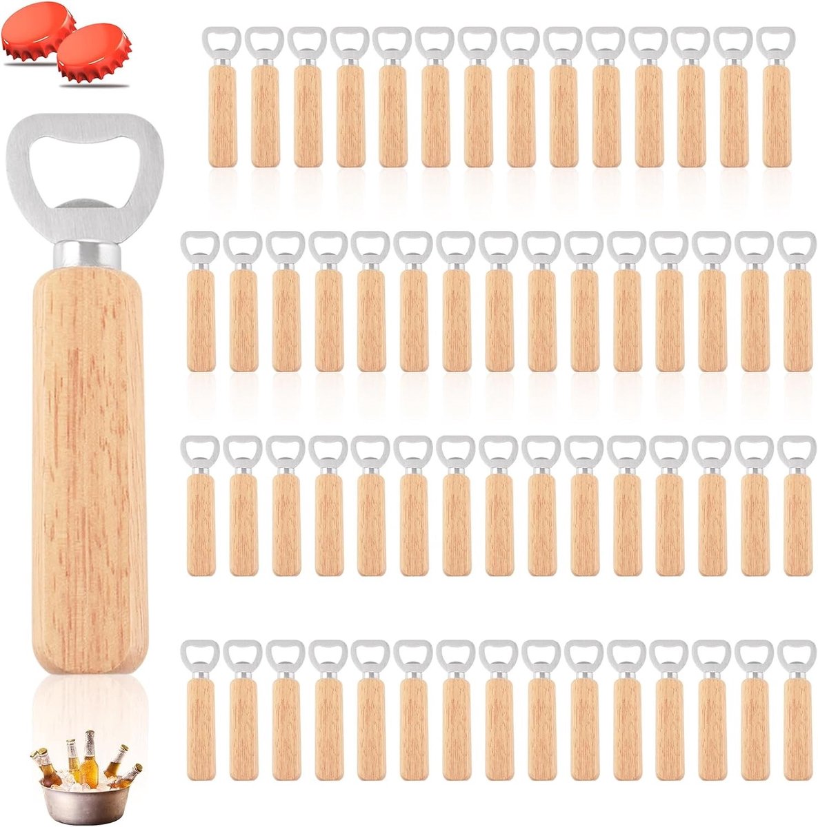 Houten Flessenopeners Set van 60 Stuks, Duurzame en Draagbare Bieropener met Houten Handvat voor Thuis, Pub en Buitengebruik
