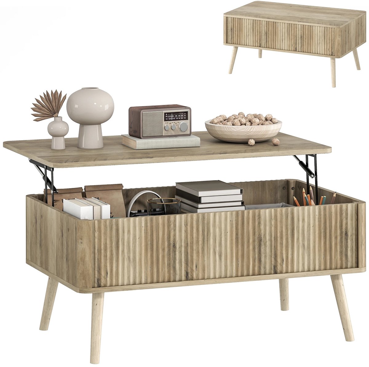 VILIMA - Salontafel - Bijzettafel - Salontafel met opbergruimte - In hoogte verstelbaar tafelblad - 91X56X43 cm - Licht eiken