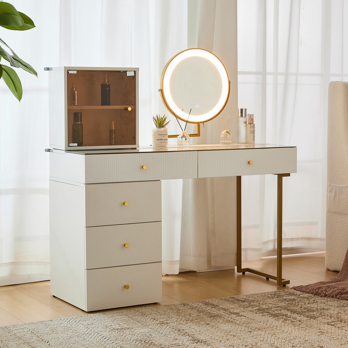 MEUNIQ Kaptafel 120 x 45 x 115 cm met LED-spiegel, glazen tafelblad, lade en zijkast, verstelbaar licht, anti-kantelvoorziening, slaapkamer, wit en goud