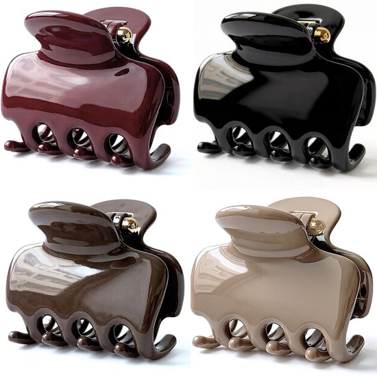 Vier glanzende haarclips in bordeaux, zwart, donkerbruin en beige met goudkleurige details.