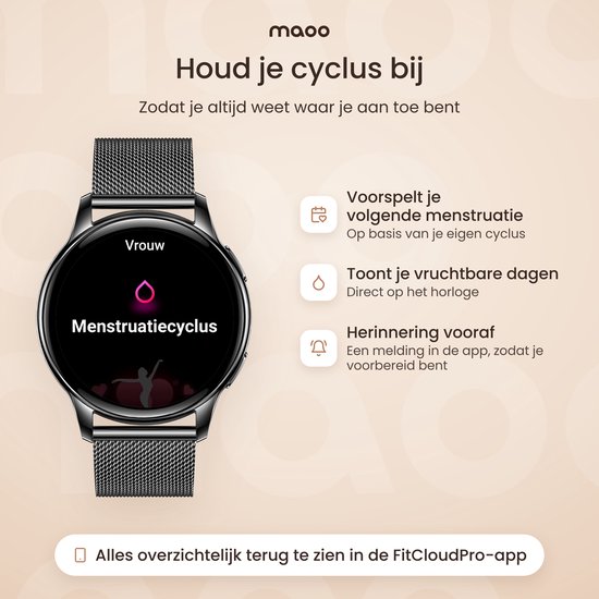 Horloge toont menstruatiecyclus en vruchtbare dagen, met herinneringsfuncties in de FitCloudPro-app.