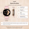 Specificaties van de rosé gouden smartwatch: 42mm behuizing, 11mm dikte, IP67 waterbestendigheid en 26 gram gewicht.