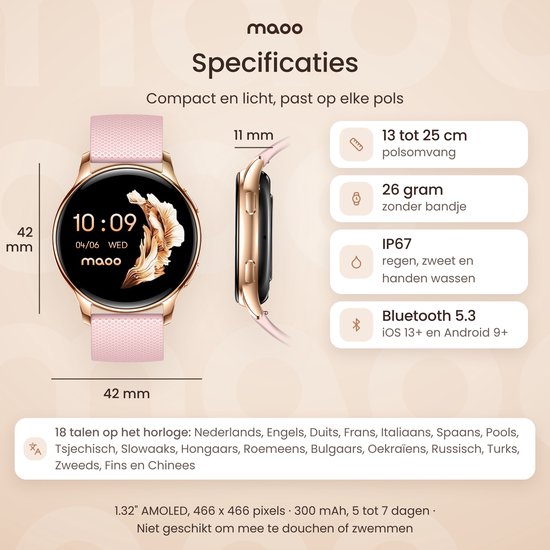 Specificaties van de rosé gouden smartwatch: 42mm behuizing, 11mm dikte, IP67 waterbestendigheid en 26 gram gewicht.