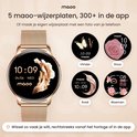 Rosé gouden smartwatch met diverse wijzerplaatontwerpen inclusief bloemen, vlinders en minimalistische stijlen.