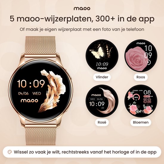 Rosé gouden smartwatch met diverse wijzerplaatontwerpen inclusief bloemen, vlinders en minimalistische stijlen.