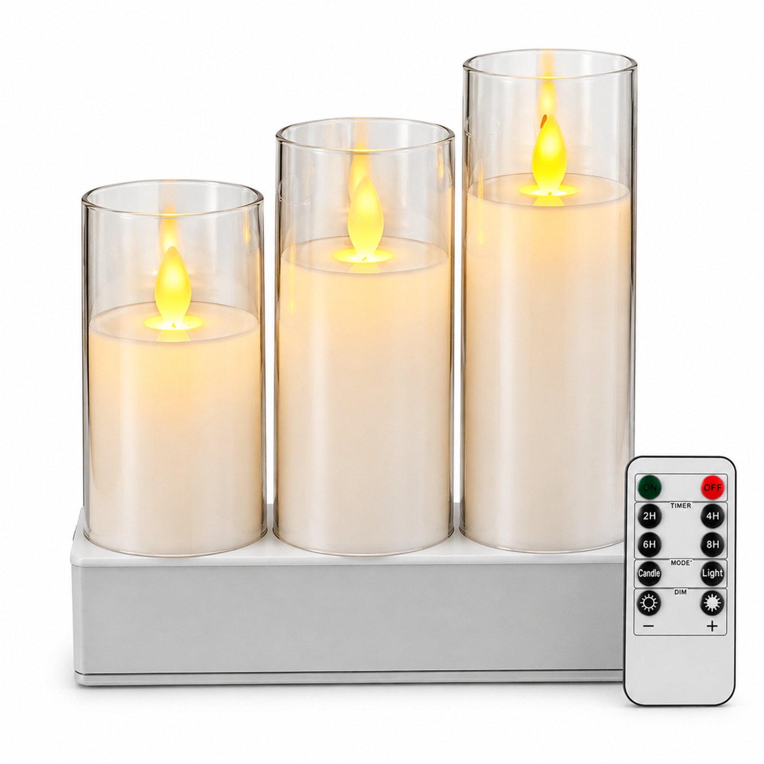 led kaarsen, set van 3, wit met transparante omhulling en bewegende vlam, met afstandsbediening, diameter 5,5 cm, hoogtes 10/12,5/15 cm