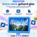 Blauwe 8 inch kindertablet in een beschermhoes met extra sterk glas en een 14 bij 23 cm schermformaat.