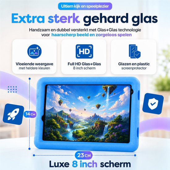 Blauwe 8 inch kindertablet in een beschermhoes met extra sterk glas en een 14 bij 23 cm schermformaat.