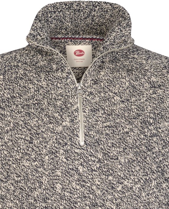 Blauw-witte gemêleerde trui met halve rits en Petrol Industries label in de kraag.