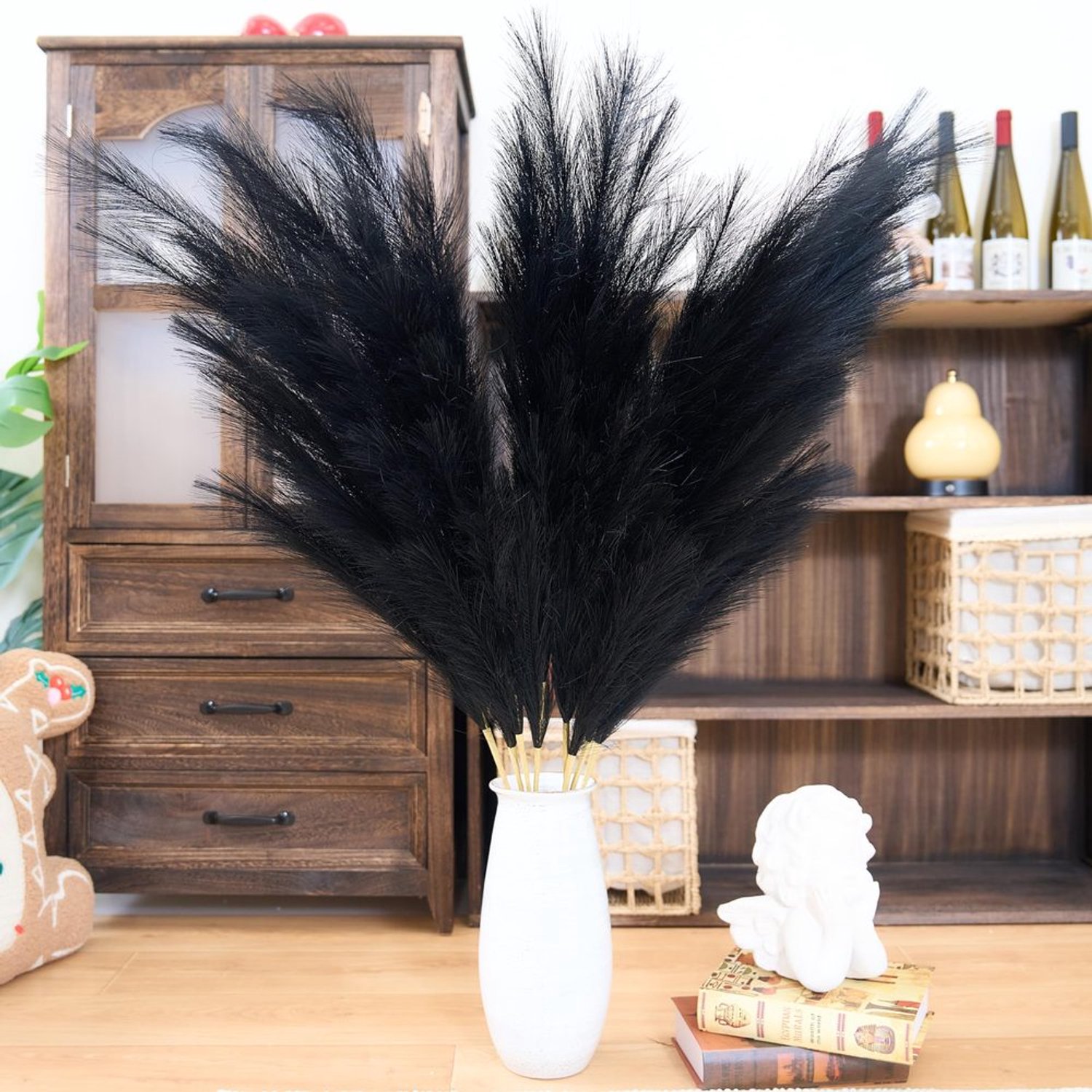 Pampasgras Decor Set van 8 Stelen, 110 cm - Zachte Zwarte Pluimen voor Boho Interieur