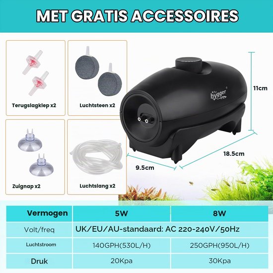 Aquarium luchtpomp, aquariumluchtpomp set met 2 luchtuitlaten, 5W/8W regelbare aquariumluchtpomp, vistank, luchtpomp met luchtslang, uitstroomsteen en terugslagklep — afbeelding 4