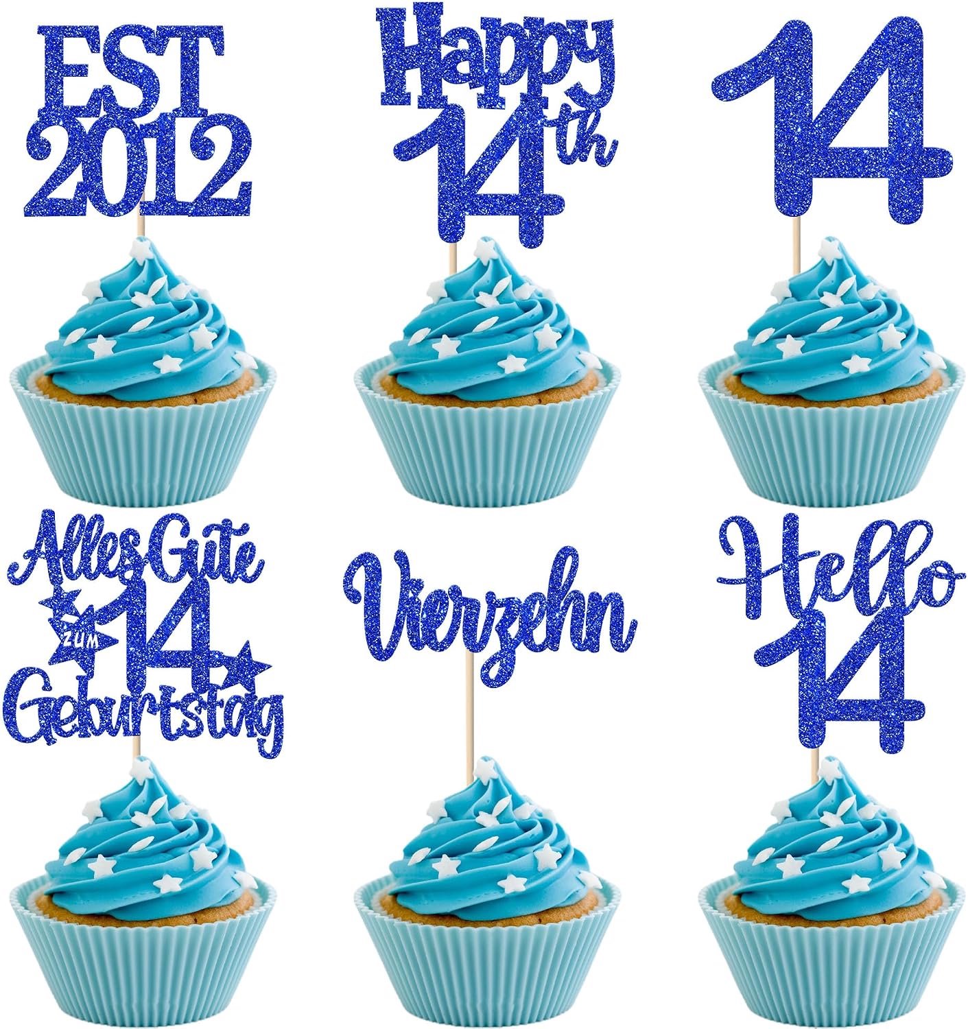24 Stuks 14e verjaardagstaartdecoratie 14 cupcake toppers glitters 14 alles goed 14 jaar feest