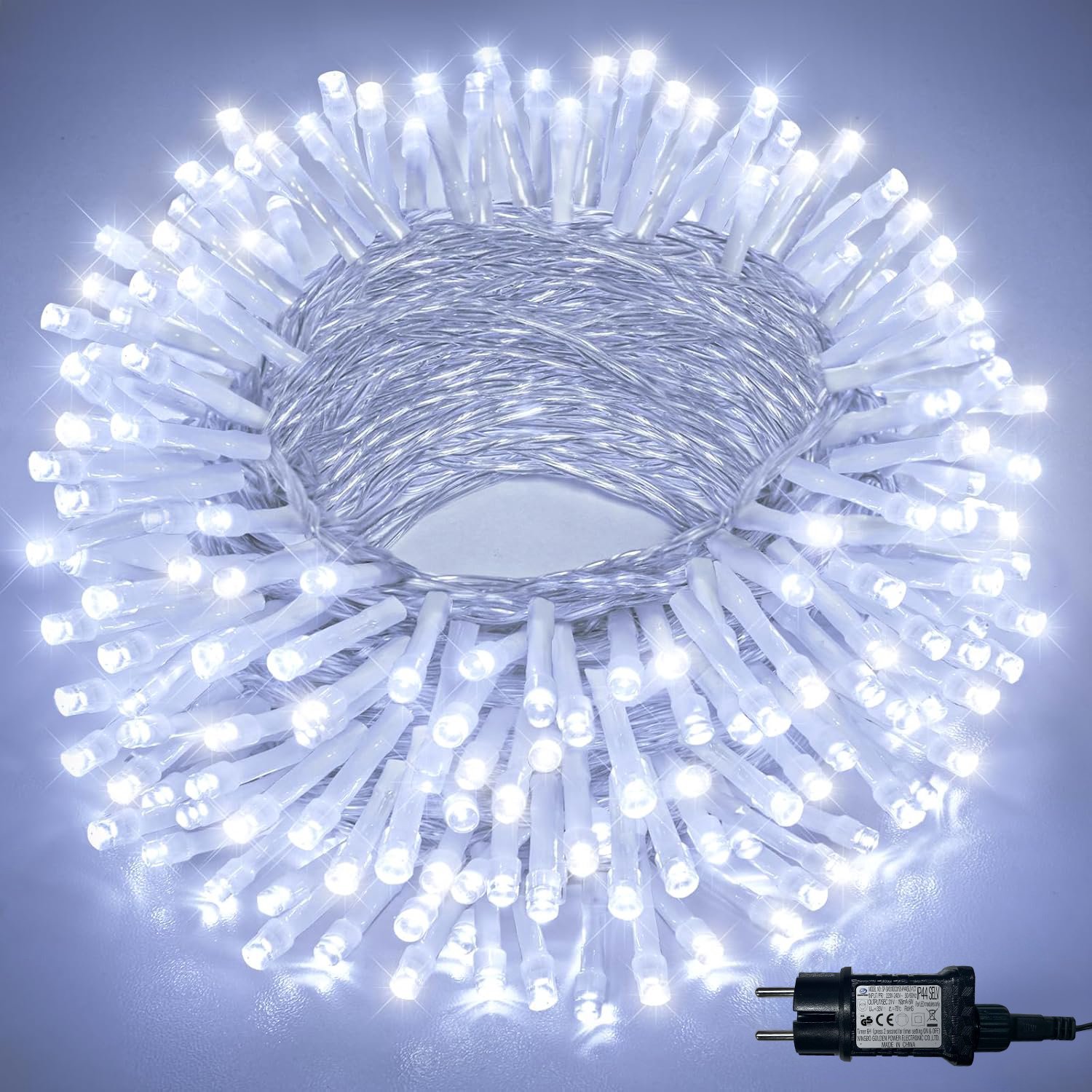 Lapamax Lichtsnoer met 8 Lichtstanden, Timer en Geheugenfunctie - Kerstboomverlichting op 31 V met IP44 en 3 m Aanloopsnoer - Feestverlichting voor Huis, Tuin en Balkon - Wit - 10 m, 100 LED's