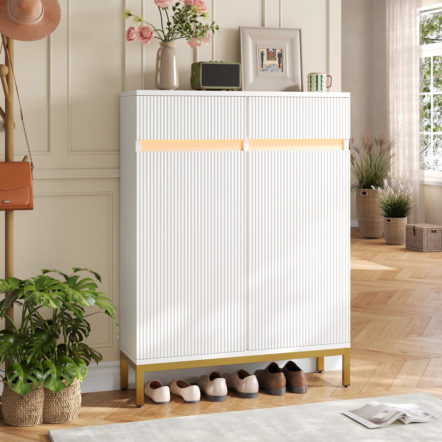 MODFU Schoenenkast - 2 Lades En 2 Deuren - LED-Verlichting - MDF - Wit - 80 X 35 X 103 Cm