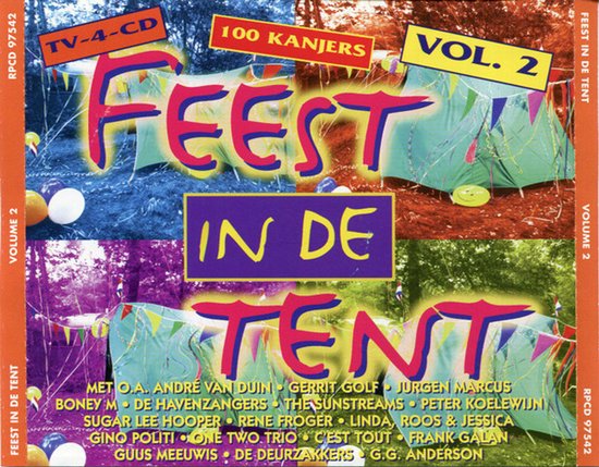 CD-hoes Feest in de tent vol. 2 met tenten, slingers en ballonnen in een kleurrijk bosrijk decor.