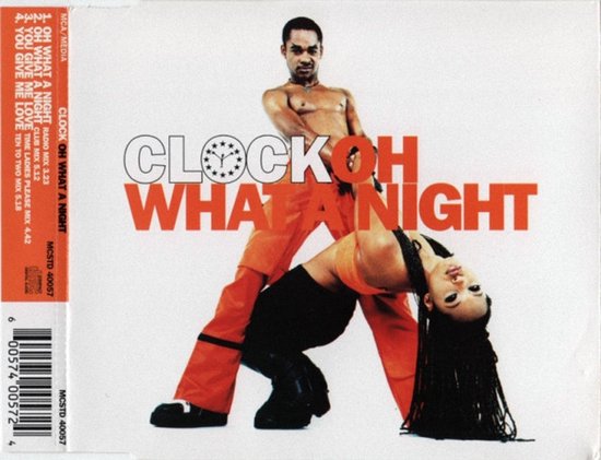 CD-hoes van Clock - Oh What A Night met een man en vrouw dansend in oranje en zwarte kleding.