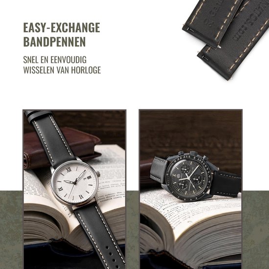 Bracelets de montre en cuir de veau noir avec coutures beiges, boucles argentées. Bracelet attaché à une montre argentée et à une montre chronographe.
